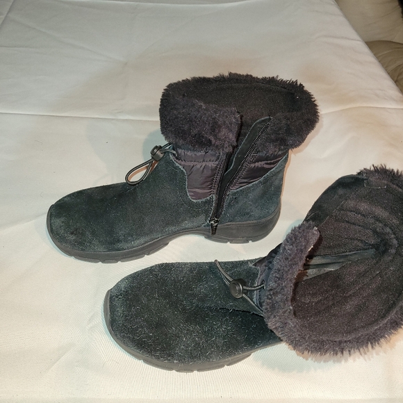 Lands end black women's snow short boots sz 8b, suede/canvas faux fur waterproof - Picture 9 of 12